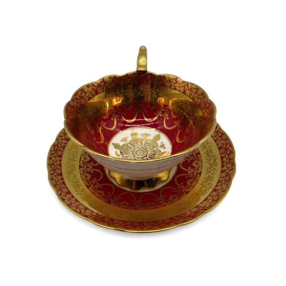 ROYAL STAFFORD Red Gold Filigree Tea Cup and Saucer England Vintage - Picture 2 of 12